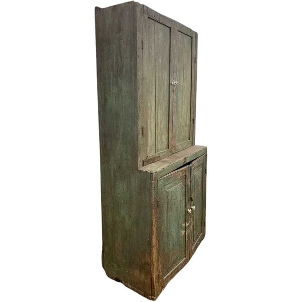 American Primitive Green Painted Walnut Stepback Cupboard