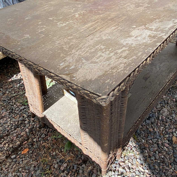 American Mission/Arts and Crafts Natural Wicker and Oak Veneer Top Library Table