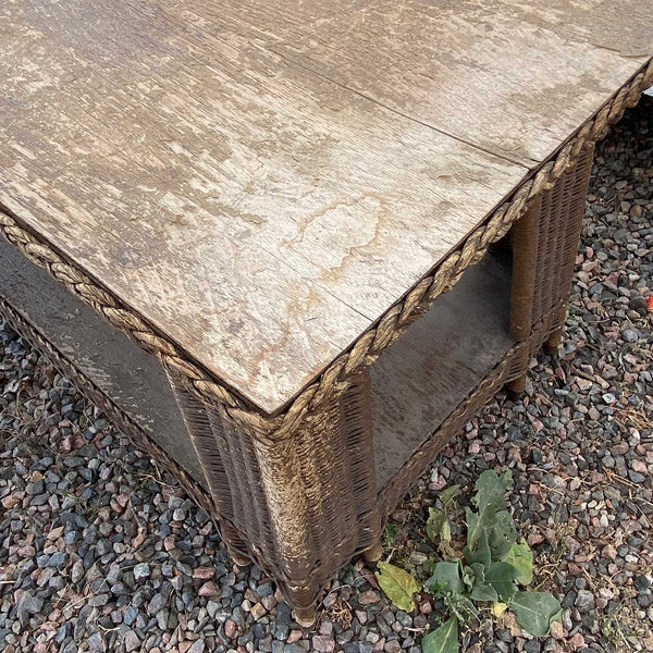 American Mission/Arts and Crafts Natural Wicker and Oak Veneer Top Library Table