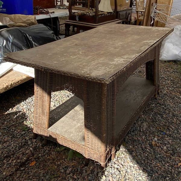 American Mission/Arts and Crafts Natural Wicker and Oak Veneer Top Library Table