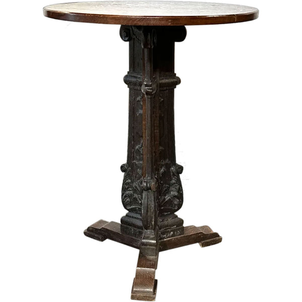 French Neo-Gothic Quarter Sawn Oak Round Pedestal Side Table