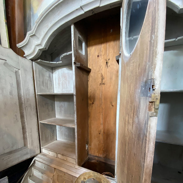 Swedish Painted Oak and Pine Clock Two-Part Desk Cupboard