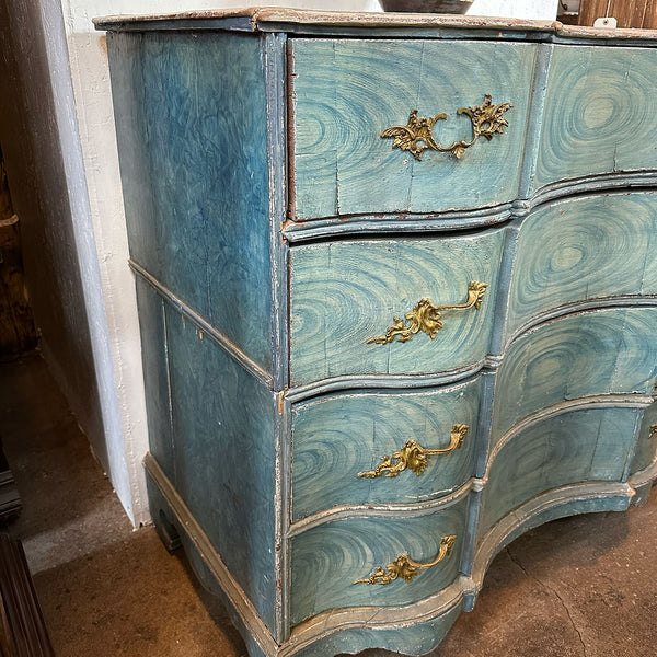 Swedish Baroque Oak Blue Painted Faux-Grain Two-Part Chest of Drawers