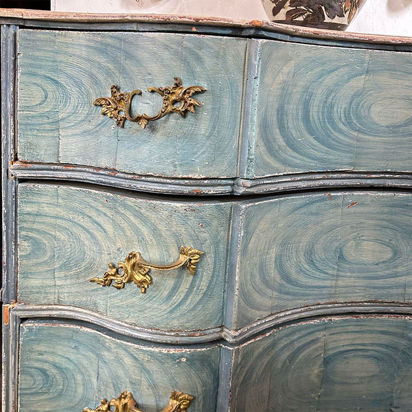 Swedish Baroque Oak Blue Painted Faux-Grain Two-Part Chest of Drawers