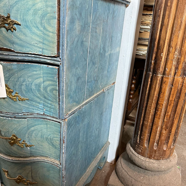 Swedish Baroque Oak Blue Painted Faux-Grain Two-Part Chest of Drawers