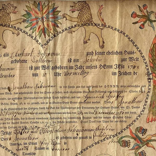 American GEORG FRIEDRICH SPEYER Pennsylvania Folk Art Fraktur Birth Certificate