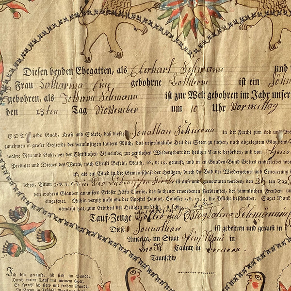 American GEORG FRIEDRICH SPEYER Pennsylvania Folk Art Fraktur Birth Certificate