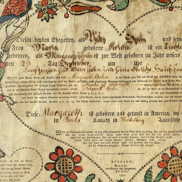 American Pennsylvania Barton and Jungmann Folk Art Fraktur Birth Certificate