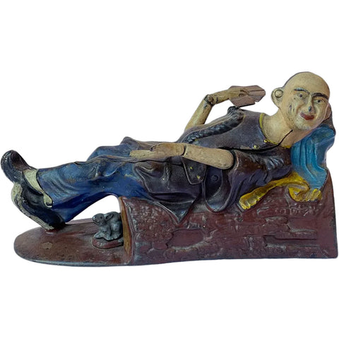 American J & E. Stevens Painted Cast Iron Reclining Chinaman Mechanical Bank