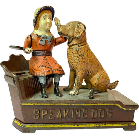 American Shepard Hardware Co. Painted Cast Iron Speaking Dog Mechanical Bank