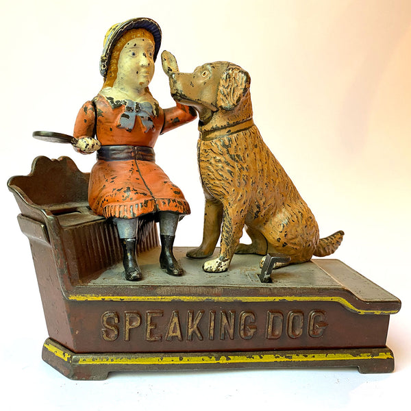 American Shepard Hardware Co. Painted Cast Iron Speaking Dog Mechanical Bank