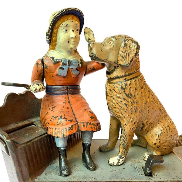 American Shepard Hardware Co. Painted Cast Iron Speaking Dog Mechanical Bank