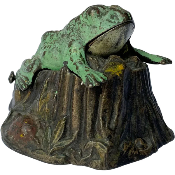 American J. & E. Stevens Painted Cast Iron Toad-on-Stump Mechanical Bank