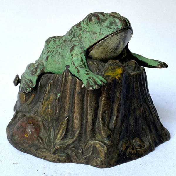 American J. & E. Stevens Painted Cast Iron Toad-on-Stump Mechanical Bank