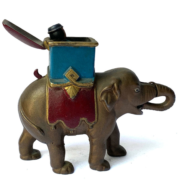 American Enterprise Mfg. Cast Iron Elephant Howdah (Man Pops Out) Mechanical Bank