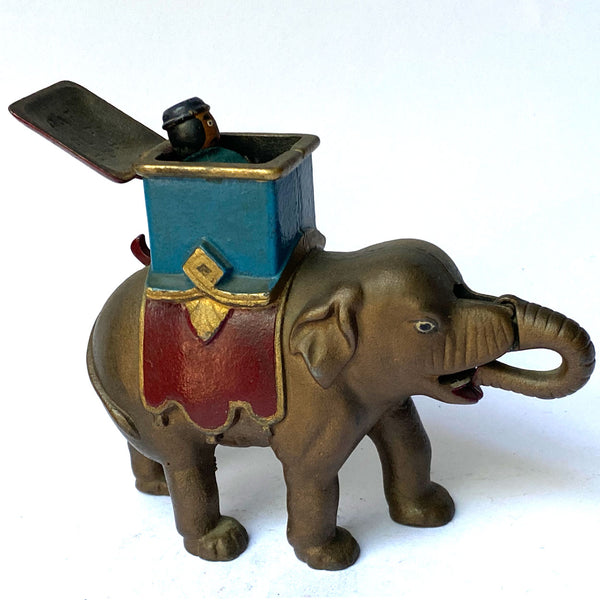 American Enterprise Mfg. Cast Iron Elephant Howdah (Man Pops Out) Mechanical Bank