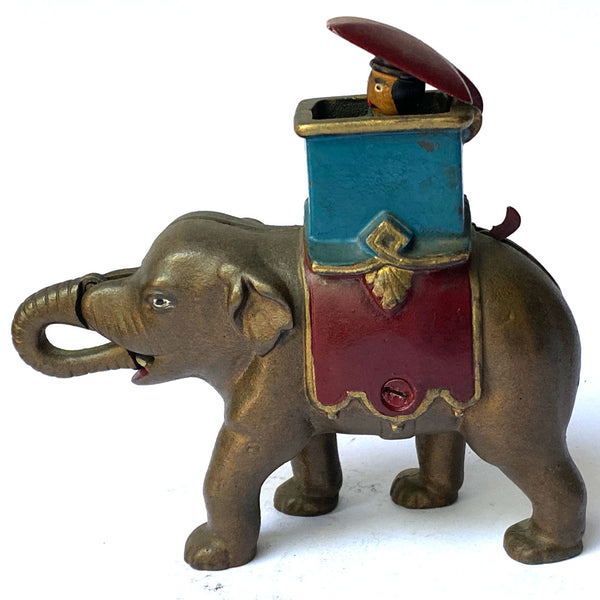 American Enterprise Mfg. Cast Iron Elephant Howdah (Man Pops Out) Mechanical Bank