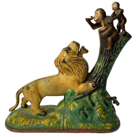 American Kyser & Rex Painted Cast Iron Lion and Two Monkeys Mechanical Bank