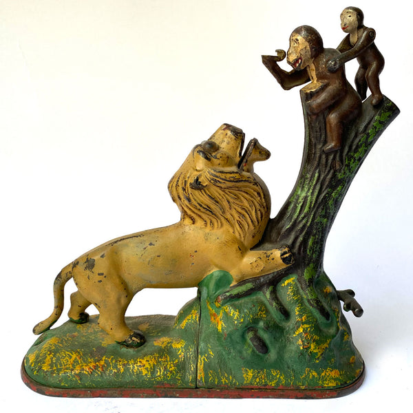 American Kyser & Rex Painted Cast Iron Lion and Two Monkeys Mechanical Bank