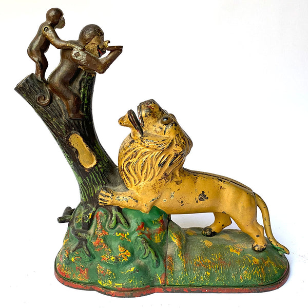 American Kyser & Rex Painted Cast Iron Lion and Two Monkeys Mechanical Bank