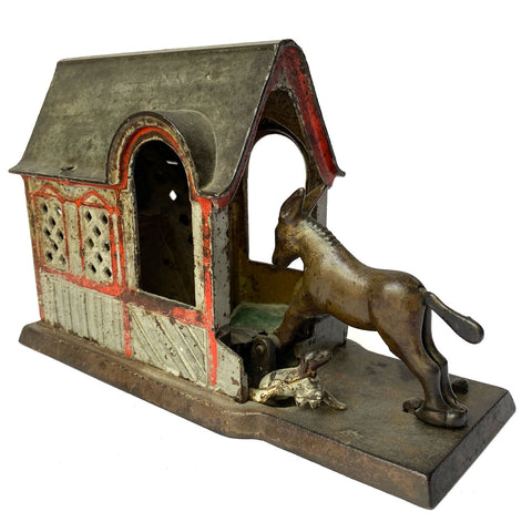 American J. & E. Stevens Painted Cast Iron Mule Entering Barn Mechanical Bank