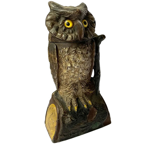 American J. & E. Stevens Painted Cast Iron Owl with Turning Head Mechanical Bank