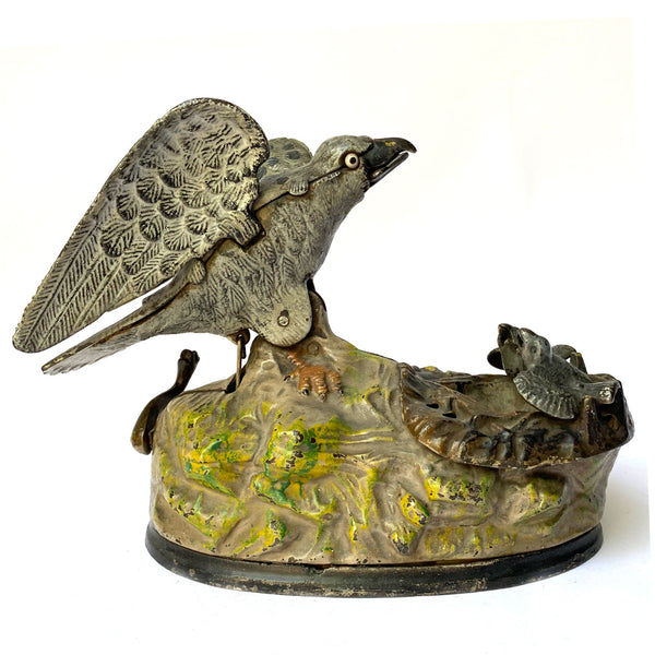 American J. & E. Stevens Painted Cast Iron Eagle & Eaglets Mechanical Bank