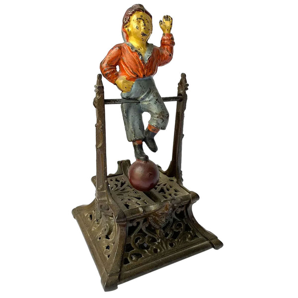 American J. Barton Smith Co. Painted Cast Iron Boy on Trapeze Mechanical Bank