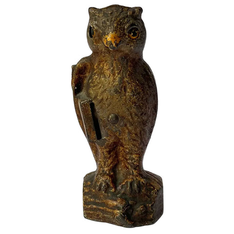 American Kilgore Painted Cast Iron Owl, Slot in Book Mechanical Bank