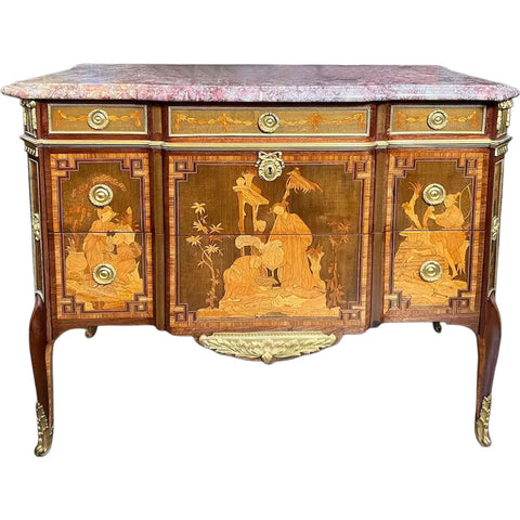 French Louis XVI Transitional Style Marquetry Marble-Top Commode