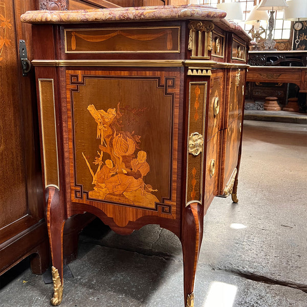 French Louis XVI Transitional Style Marquetry Marble-Top Commode