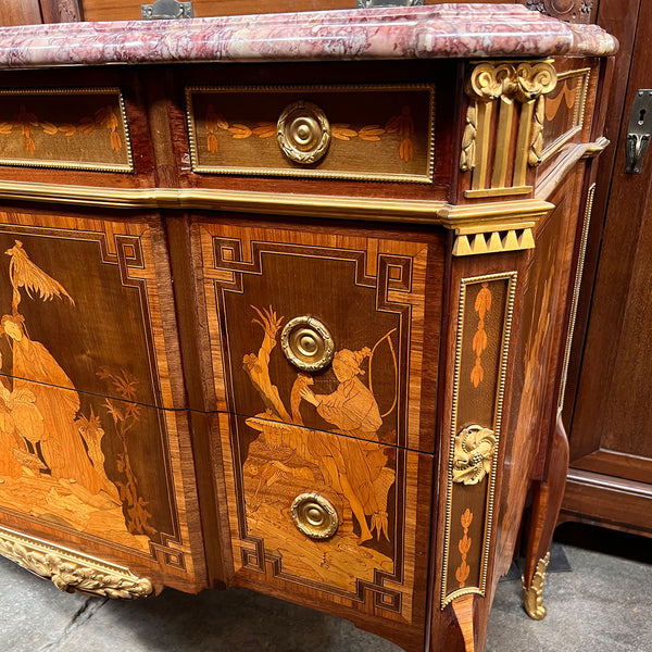 French Louis XVI Transitional Style Marquetry Marble-Top Commode