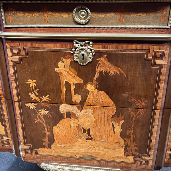 French Louis XVI Transitional Style Marquetry Marble-Top Commode