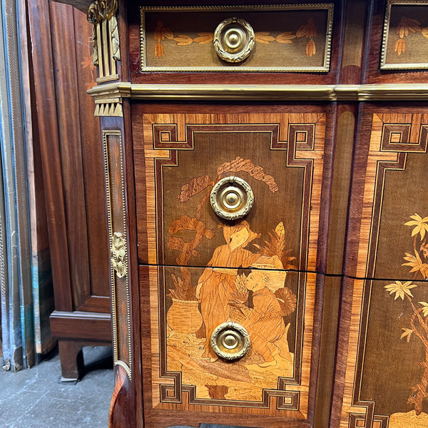 French Louis XVI Transitional Style Marquetry Marble-Top Commode