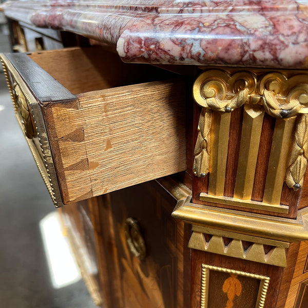 French Louis XVI Transitional Style Marquetry Marble-Top Commode