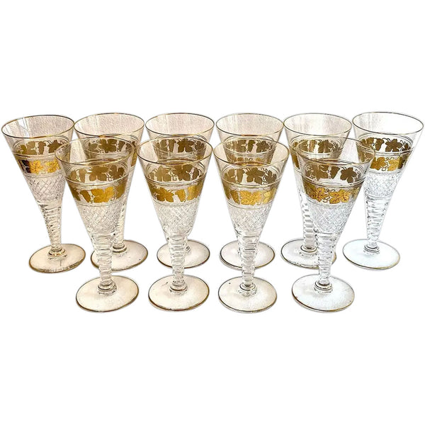 Set Belgian Val Saint Lambert Gilt Cut Crystal Westminster Goblets [8.25 inch] (10 pieces)
