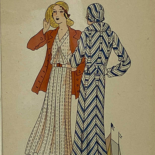 Three French Art Deco Lithograph and Pochoir Stencil on Paper Fashion Magazine Plates