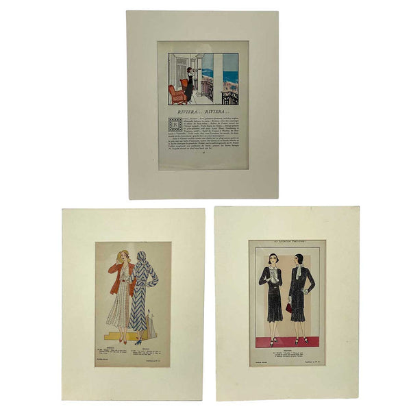 Three French Art Deco Lithograph and Pochoir Stencil on Paper Fashion Magazine Plates