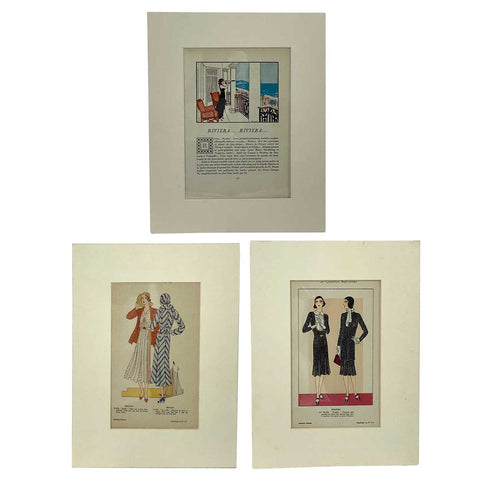 Three French Art Deco Lithograph and Pochoir Stencil on Paper Fashion Magazine Plates