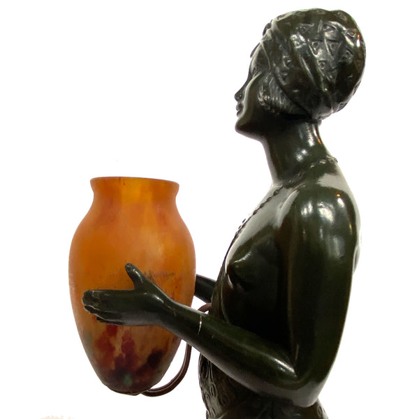 French PIERRE LE FAGUAYS Bronze and Daum Glass Lamp, Esclave à l'Urne