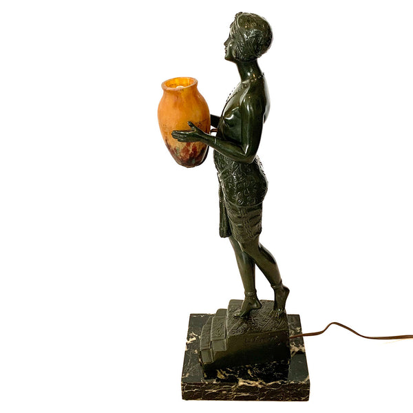 French PIERRE LE FAGUAYS Bronze and Daum Glass Lamp, Esclave à l'Urne