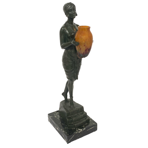 French PIERRE LE FAGUAYS Bronze and Daum Glass Lamp, Esclave à l'Urne