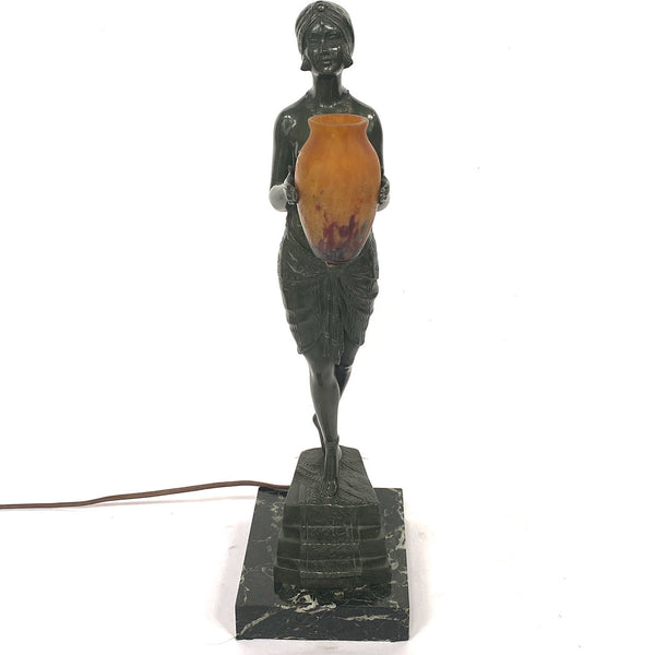 French PIERRE LE FAGUAYS Bronze and Daum Glass Lamp, Esclave à l'Urne