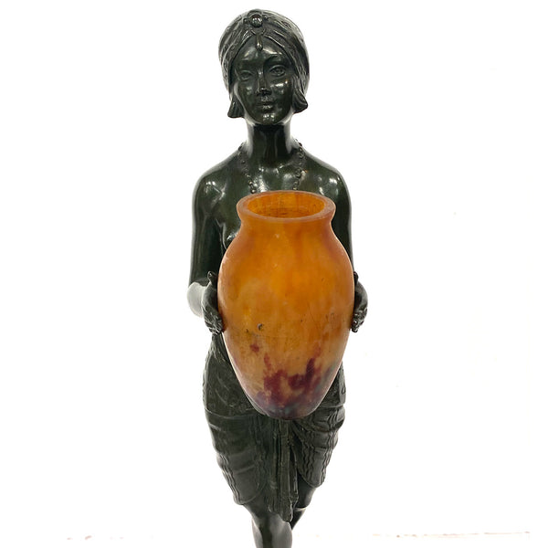 French PIERRE LE FAGUAYS Bronze and Daum Glass Lamp, Esclave à l'Urne