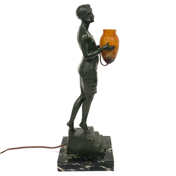 French PIERRE LE FAGUAYS Bronze and Daum Glass Lamp, Esclave à l'Urne