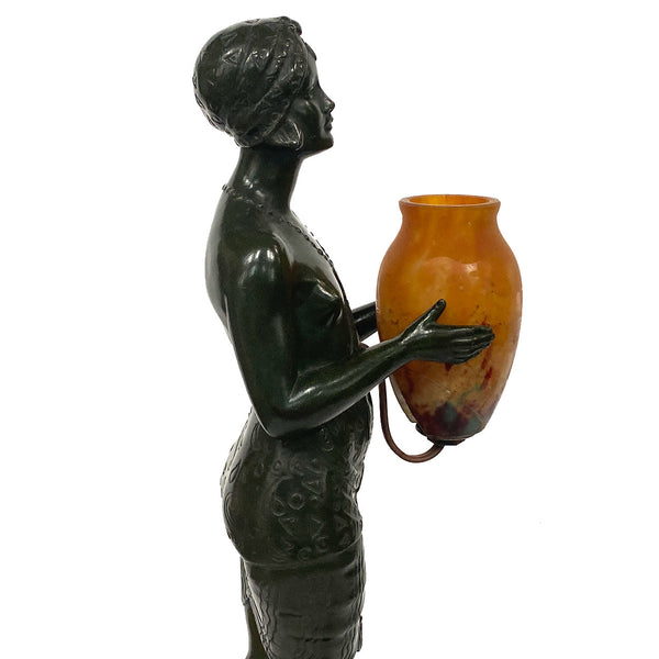 French PIERRE LE FAGUAYS Bronze and Daum Glass Lamp, Esclave à l'Urne