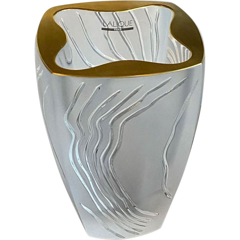 French Lalique Gilt Rim Lead Crystal Yasna Vase