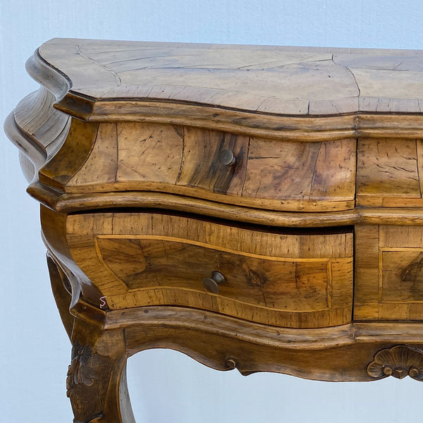 Pair Italian Baroque Style Circassian Walnut Veneer Bombe Side Tables