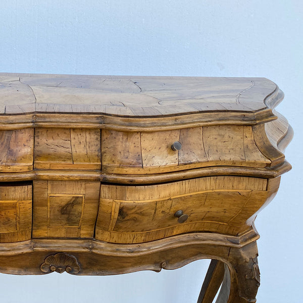 Pair Italian Baroque Style Circassian Walnut Veneer Bombe Side Tables