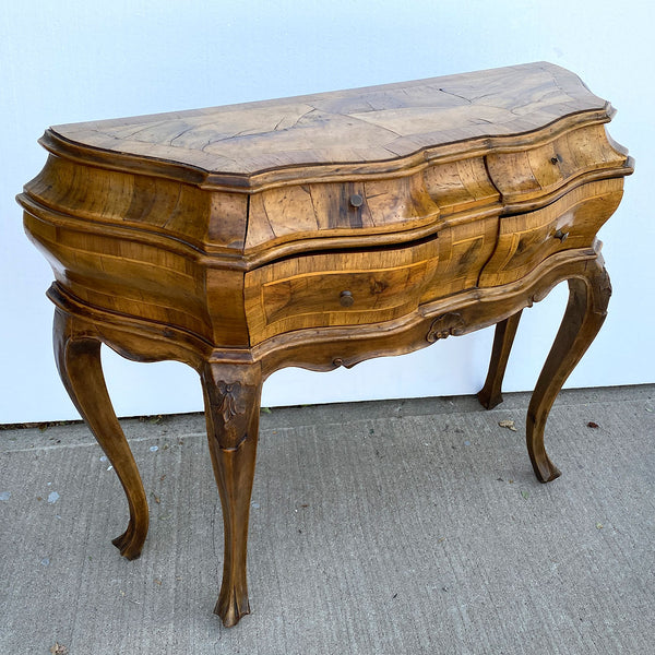 Pair Italian Baroque Style Circassian Walnut Veneer Bombe Side Tables